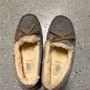 UGG Dakota Slipper Gray Suede Moccasins with Tan Accents